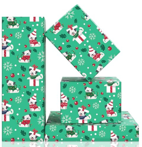 Geschenkpapier Hunde für Jungen Mädchen Kinder, Weihnachten Haustier Welpe Hund Geschenkpapier, 4 Blätter Grünes Geschenkpapier für Weihnachten, Geburtstag, Weihnachten und Winterferien, 50x70cm
