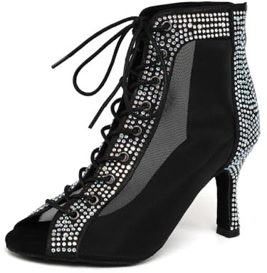 SWDZM Bottines de Danse Femme Strass Peep Toe Lacets Talons Hauts Latin Salsa Show Party Dance Boots,Noir,Talon-8.5CM,EU 38.5