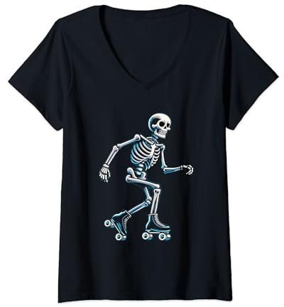 Damen Skelett Rollschuhe Roller Skates Halloween T-Shirt mit V-Ausschnitt