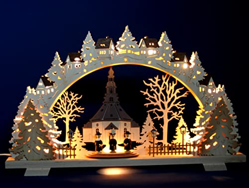 3D LED Schwibbogen 52cm x 35cm - Seiffener Kirche mit Kurrende Figuren - Feine Handwerkskunst aus dem Erzgebirge - Schwibbogen für Weihnachten