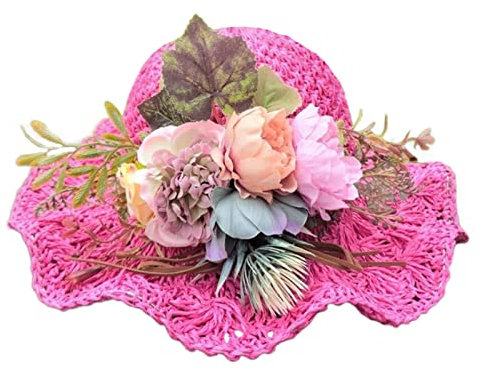Zkydhbd Chapeau de soleil fait à la main élégant pivoine décorée Audrey pour femme Chapeau simple Hepburn Lady accessoires photo, rose rouge, 49