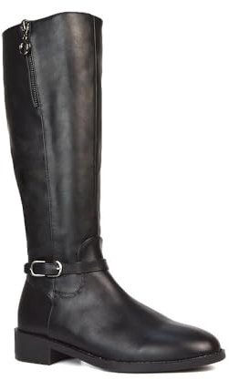 ESSEX GLAM Women's Knee High Boots Flat Low Heel Ladies Zip Calf Leg Black Faux Leather Biker Riding Shoes Size 3-8