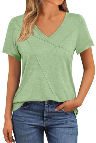 NAIOSS Camiseta de manga corta para mujer, cuello de pico, camiseta de verano, elegante, de algodón, camiseta informal, Manga corta verde claro, XXL