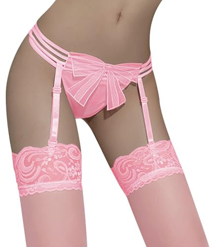 Satohom Femme Porte Jarretelle Sexy Taille Unique Haute Maille Transparente Bas Porte Jarretelles Guepiere Lingerie et Vêtements avec 4 Pinces Réglables avec G-String Sous-vêtement Erotique