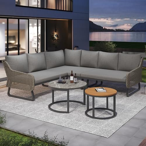 Merax Gartenmöbel Set 6-Personen, Sitzgruppe Gartenlounge Set mit Satztische & Kissen, Outdoor Ecksofa-Set aus verzinktem Eisen, Rattan-Handlauf, Möbel wetterfest für Garten Balkon Terrasse, Grau