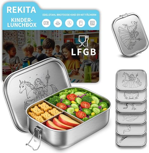 REKITA Edelstahl Brotdose Kind er mit Fächern, 850ML Bento Box, Jausenbox Lunchbox, Personalisierte Brotdose Lässig, Vesperdose, Snackbox für Schule, Ausflüge, Kindergarten