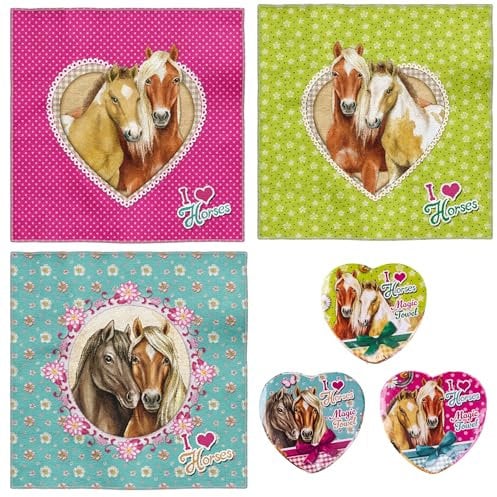 damaloo 3X Magisches Handtuch Kinder mit Pferden - Zaubertuch mit Pferde Motiv - Magic Towel für Kids - Magische Handtücher Set für Mädchen - Zauber Waschlappen Pferdemotiv aus Baumwolle 30x30 cm