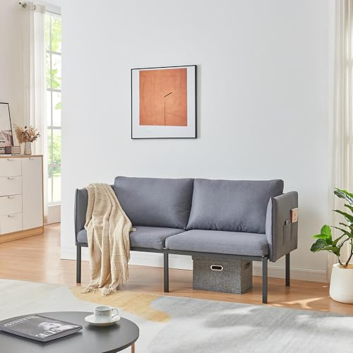 [en.casa] Sofa Kamar 2 Sitzer Couch Textil Polstersofa mit Rückenkissen und Armlehnen 69 x 158 x 63 cm Wohnzimmer Metallbeine Dunkelgrau