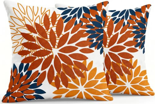 JANGYUHH Kissenbezug 40x40 cm Modern Dahlien Dekokissen Zweiseitiges Muster Orange Blumen Sofakissen Outdoor Kissen Leinen Kissenbezüge Dekorative für Sofa Garten Wohnzimmer Bett 2er Set