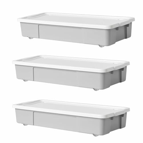 KYY'Z - 3x 47L Wheeled Underbed Storage Boxes Plastic Storage Containers on Wheels Ideal for Clothes Toys Bedding Organiser Stackable Home Bedroom Storage Grey Box with White Lid