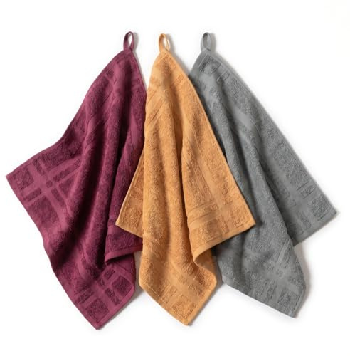SaoTi Paños de Cocina Algodon Rizo 50x50 cm Set 3 Colores Decorativos - Paño Cocina Rizo Ultraabsorbente Presilla Reforzada - Toallas de Algodon Premium Multiusos Hogar (Burdeos, Mostaza, Gris)