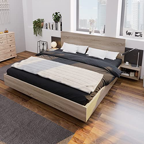 Generisch Modernes Doppelbett 160x200 cm mit 2 schwebenden Nachttischen – Holzbett in Sonoma-Eiche & Dunkelgrau | Schlafzimmer-Set inkl. E1-Massivholz-Konstruktion