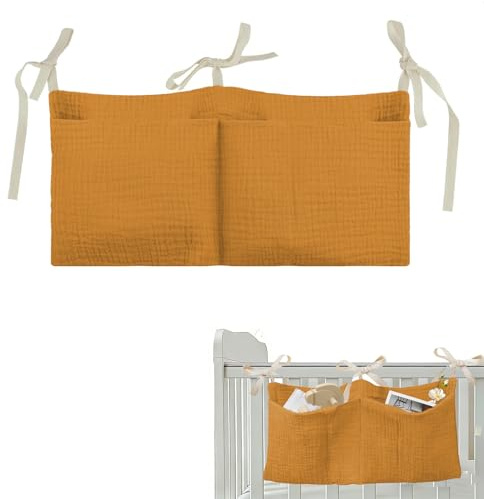 Aufbewahrungstasche für Bett,Babybett Organizer Hängend,Baby Kinderzimmer Organizer mit 2 Tasche,Weich und Atmungsaktiv zum Aufhängen für Windeln Kleidung Spielzeug Bett Organizer Kinderbett,Gelb