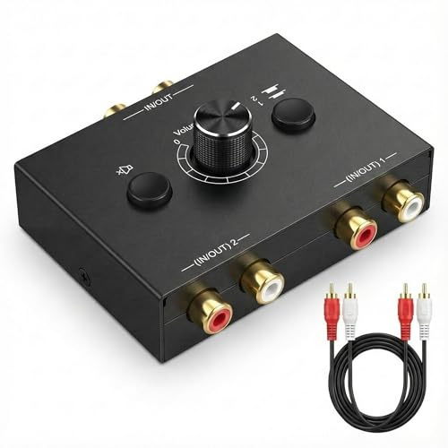 VertexOval Commutateur Audio RCA Bidirectionnel avec Contrôle Volume, Inclus 1 Câble Audio, Switch Stéréo R/L 2 Entrées 1 Sortie, Sélecteur Source Hi-FI Boîtier Métal pour Ampli Enceinte