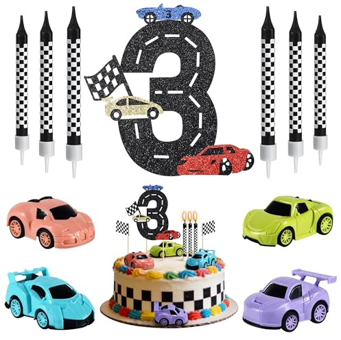15Pcs Race Car 3rd Birthday Cake Decor Set, Number 3 Topper & 6 Candles | Racing theme cake decorations with glitter number 3 topper, checkered candles and mini cars, for birthday party