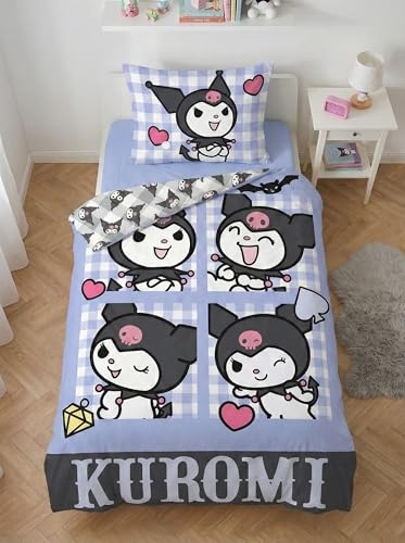 Kuromi Bettwäsche 140x200 + Kissenbezug 70x90 Mikrofaser Gingham Blau Grau | Wendebettwäsche Einzelbett | Mikrofaser ultra weich schnelltrocknend Oeko-Tex | Herzen auf Vichy-Karo | Sanrio | Geburtstag