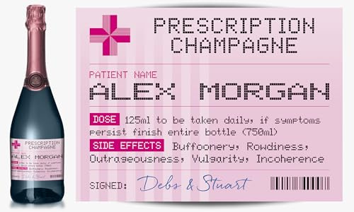 Personalised Prescription Sticker for Champagne, Prosecco, Cava Bottles – Fun Birthday Gift from TigerMill Publishing (Pink)