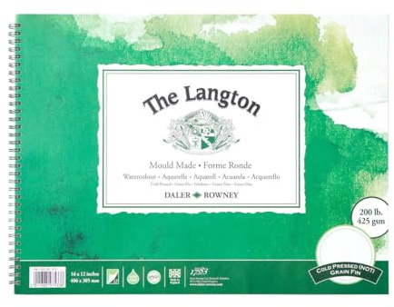 Daler-Rowney The Langton Watercolour Paper, Cold Pressed, 425 gsm, 200lb, Spiral Pad, 16 x 12in - 40.6 x 30.5 cm, Natural White, 12 Sheets