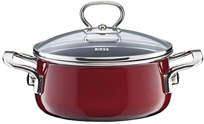 Riess, 0711-008 - Casseruola con coperchio in vetro, modello Novelle, colore: Rosa extra forte, diametro 24 cm, altezza 17,7 cm, capacità 4 litri, smaltata