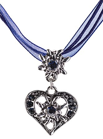Trachtenkette elegantes Herz mit Strass und Edelweiss in vielen Farben - Anhänger Trachtenschmuck Kette für Dirndl und Lederhose Damen (Sapphire)