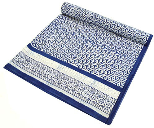 GURU SHOP Blockdruck Tagesdecke, Bett & Sofaüberwurf, Handgearbeiteter Wandbehang, Wandtuch - Design 11, Baumwolle, Size:Single 150x200 cm