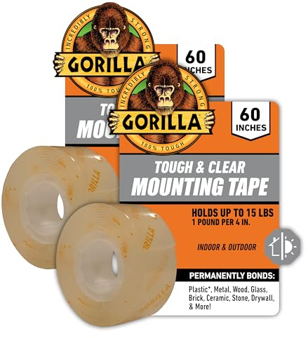 Gorilla Invisible Hold Mounting Tape, 1 x 60 (Pack of 2), Clear Double Sided Tape for Strong, Permanent Indoor & Outdoor Hanging