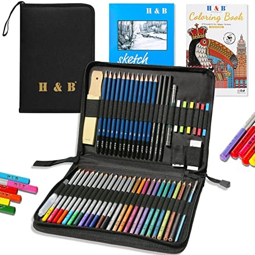 H & B Buntstift, Künstler-Buntstift, professionelles Zeichenstift-Set für Kinder, Künstler, Erwachsene, Maler, ideal zum Skizzieren von Kindern (51 bunte Stifte mit Skizzenblock und Buch)