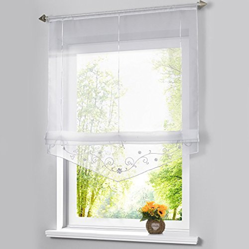 Raffrollo mit Stickerei Tunnelzug Rollos Voile Transparent Vorhang (B*H 60 * 140cm, Weiß)