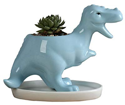 Yardwe Dinosaur Pots Cute Succulent Planter Pots Creative Ceramic Plants Containers with Tray 1PCS (Sky-blue)