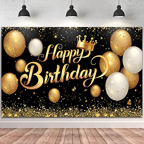Geburtstagsdeko Party Dekoration,180x115cm Große Geburtstag Banner Happy Birthday Schwarz Gold Zeichen Poster Hintergrund für Frau Männer Mädchen Jungen Geburtstag Party Deko
