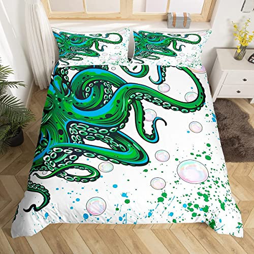 Loussiesd - Funda de edredón infantil con estampado de pulpo verde, juego de ropa de cama de microfibra con diseño de grafiti en acuarela, manchas de tinta de color, calamar azul y verde, tamaño super