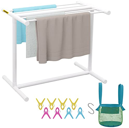 VEVOR Portasciugamani da Piscina, 5 Barre, Bianco, Organizzatore di Stoccaggio a Bordo Piscina a Forma di T in PVC per Esterni Autoportante, Include 8 Clip per Asciugamani, Borsa in Rete, Gancio