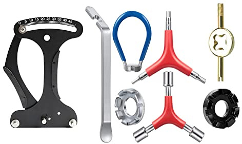Bicycle Spoke Tension Meter Wrench Repair Tool Set, 8pcs Adjustment Bike Bicycle Spoke Indicator Tensiometer Wrench, Wheel Repair Tool W/Valve Wrench/Spoke Wrench/Tire Lever/Hex/Socket Wrench