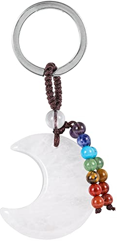 Nupuyai Kristall Mond Schlüsselanhänger mit 7 Chakra Stein Perlen Quaste Schlüsselring für Damen und Herren Halbmond Anhänger Schlüsselbund Taschenanhänger Glücksbringer Talisman Bergkristall