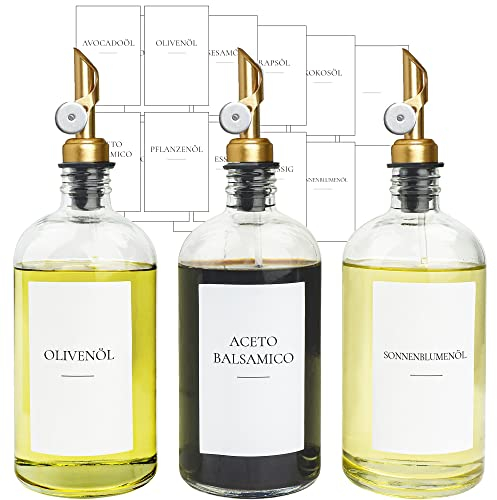 Ezebesta 3 x Ölspender mit Etiketten 480 ml Glasflaschen Goldene Pumpen Glas Ölflasche Set mit Ausgießer