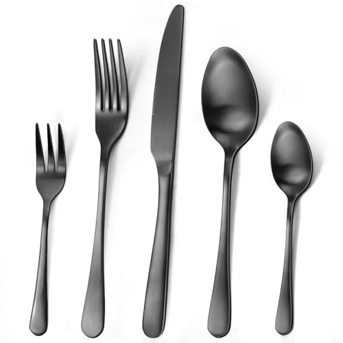 Targizer Besteckset 6 Personen,30 Teilig Hochwertiges Edelstahl Besteck Set Schwarz Matt,Schwarzes Besteck Essbesteck Set Mit Messer Gabel Löffel,Schwarzes Cutlery Set&Spülmaschinenfest