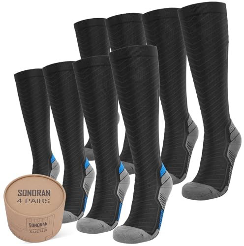SONORAN 4 Pairs Kompressionsstrümpfe Damen und Herren Klasse 2 Stützstrümpfe Kompressionssocken Compression Socks Kompression für Running, Reisen, Sport XXL (Schwarz Grau&Blau)