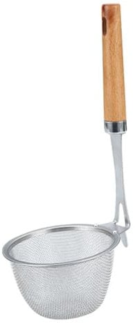 Multi-Functional Colander with Wooden Handle, Stainless Steel Mesh Strainer for Frying, Cooking, Hot Pot, and More, 10.8 Inch, Silver
