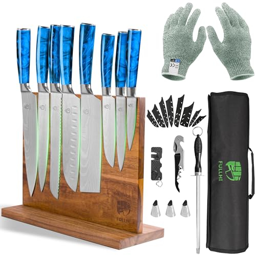FULLHI Set di coltelli giapponesi da 15 pezzi con portacoltelli magnetico, lame in acciaio inox, manici ergonomici in resina blu per la cucina professionale e domestica