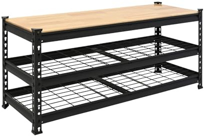 TRUTZHOLM Schuhregal, Schuhbank mit 3 Ebenen 115x40x54 cm Stecksystem aus Stahl mit höhenverstellbaren Gitterböden und Hartholzplatte, Schuhregal, Schuhständer, Schuhschrank Schuhständer Sitzbank