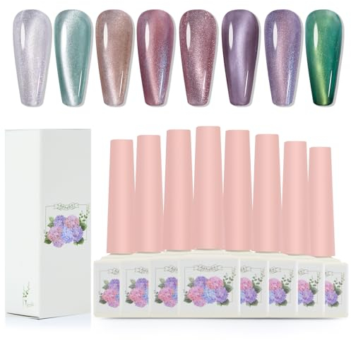 ADHERE 12ml 8pcs Magnetic Cat Eye Gel Nail Polish Kit with Magnetic Stick - Blue Purple Green Mint Silver White Glitter Shining Nail Gel Polish Magnetic Gel Nail Varnish Gel para uñas