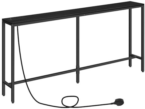 MAHANCRIS Console Table with Power Outlet, 160 cm Narrow Sofa Table, Industrial Entryway Table with USB Ports, Behind Couch Table for Entryway, Hallway, Living Room, Bedroom, Black ACTHB16KE01N1