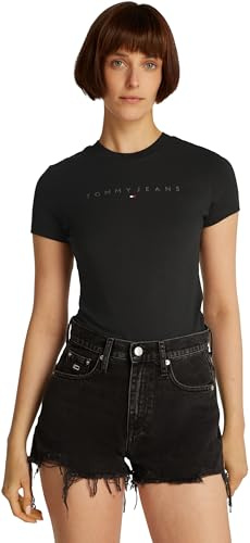 Tommy Jeans Damen T-Shirt Kurzarm Tonal Linear Tee Slim Fit, Schwarz (Black), L