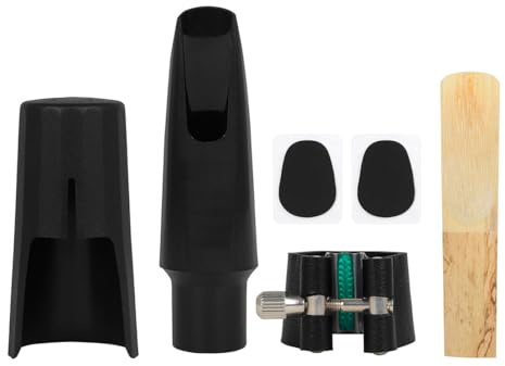 OriGlam Tenorsaxophon-Mundstück-Set, Schwarz, B♭, Kunststoff, Saxophon-Mundstück, Lederligatur, Schilf, 2 Mundstückkissen, Kunststoffkappe
