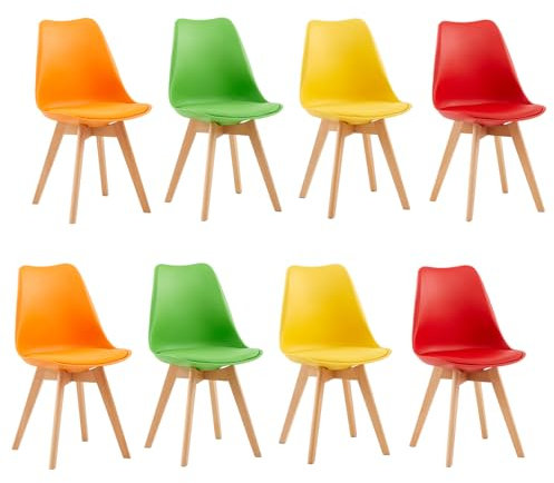 EGGREE Pack 8 Sillas de Comedor Sillas Cocina Nórdica de Plástico con Cojín de Asiento de Cuero PU y Las piernas de Madera de Haya Maciza,2Amarillo+2Rojo+2Verde+2Naranja
