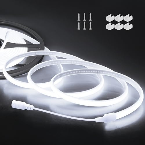 ALITOVE 5M COB LED Band Aussenbereich Wasserdicht 24V Kaltweiß LED Streifen | Flexibel 320LEDs/m, 6000K, 8mm Breit, für DIY Heim-Innendekoration, Nicht Selbstklebend, Ohne Netzteil und Dimmer