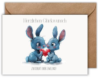 WBdesignz Zwillinge Geburt Glückwunsch Karte mit Umschlag - “Herzichen Glückwunsch zur Geburt euer Zwillinge” süße Geschenkkarte Schwangerschaft Geburt Zwillingsjungen Baby Babyparty Mutter (DIN A6)