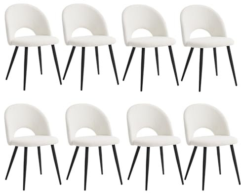 JZGORC Lot de 8 Chaise de Salle à Manger, Chaise de Salle à Manger Teddy en Velours Doux, Chaise de Cuisine avec Siège Moelleux et Accoudoirs, Pieds en Métal - Blanc