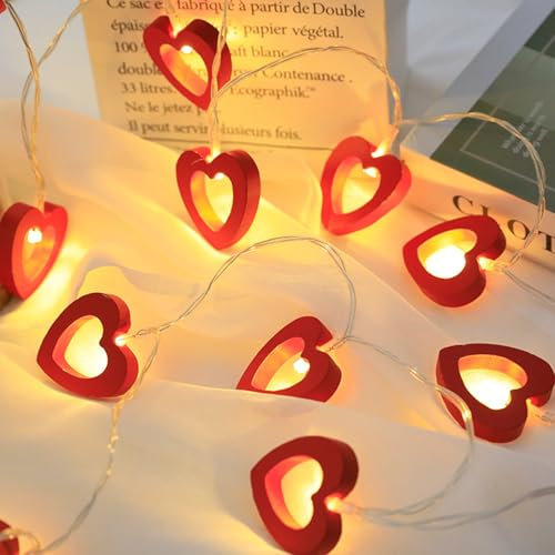 Satiskid Warmweiße hölzerne Herz-Lichterkette, 1,5 m, 10 LEDs, batteriebetrieben, für Valentinstag, Hochzeit, Muttertag, Jahrestag, Dekoration, dekorative Lichterkette für den Innenbereich (rot)