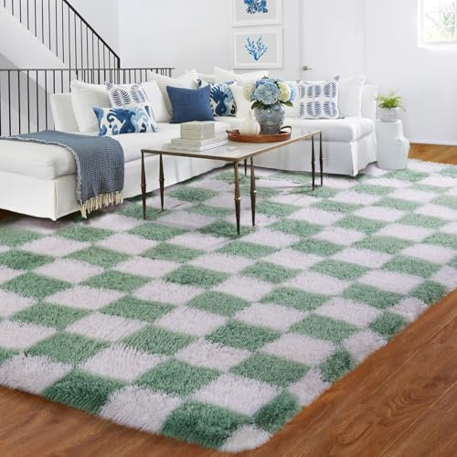 BYBSRLL Large Checkered Living Room Rugs, 180x270cm Sage Green and White Bedroom Rug Area Rugs for Kids Baby Room, Nursery, Dorm, Lounge Decor, Thick Soft Fluffy Plush Floor Carpet